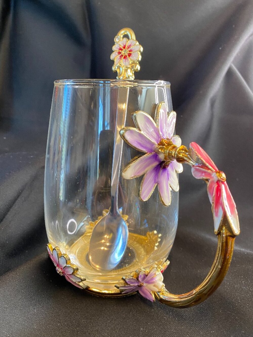 NIB Glass Teacup with Enameled & Jeweled Flower Design includes Spoon & Coaster